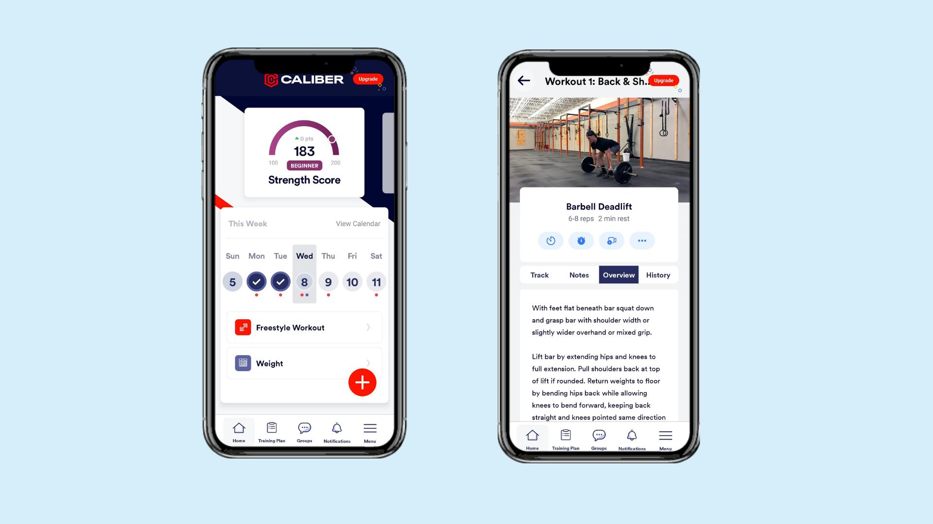 caliber-app-on-phone-screens-strength-score-barbell-deadlift